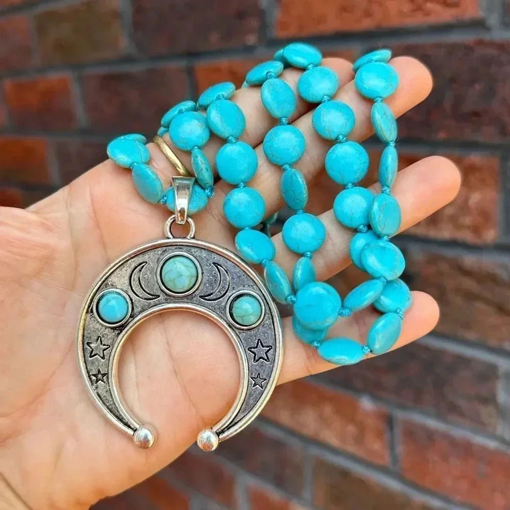 Turquoise Moon Natural Stone Beads Bohemian Western Necklace